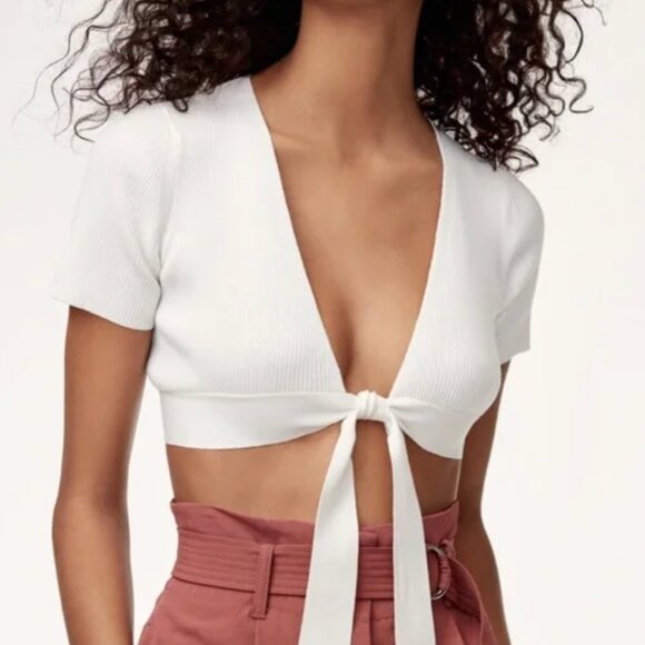 Aritzia Wilfred Knit Tie-Front Short Sleeve Crop Top - Picture 2 of 5